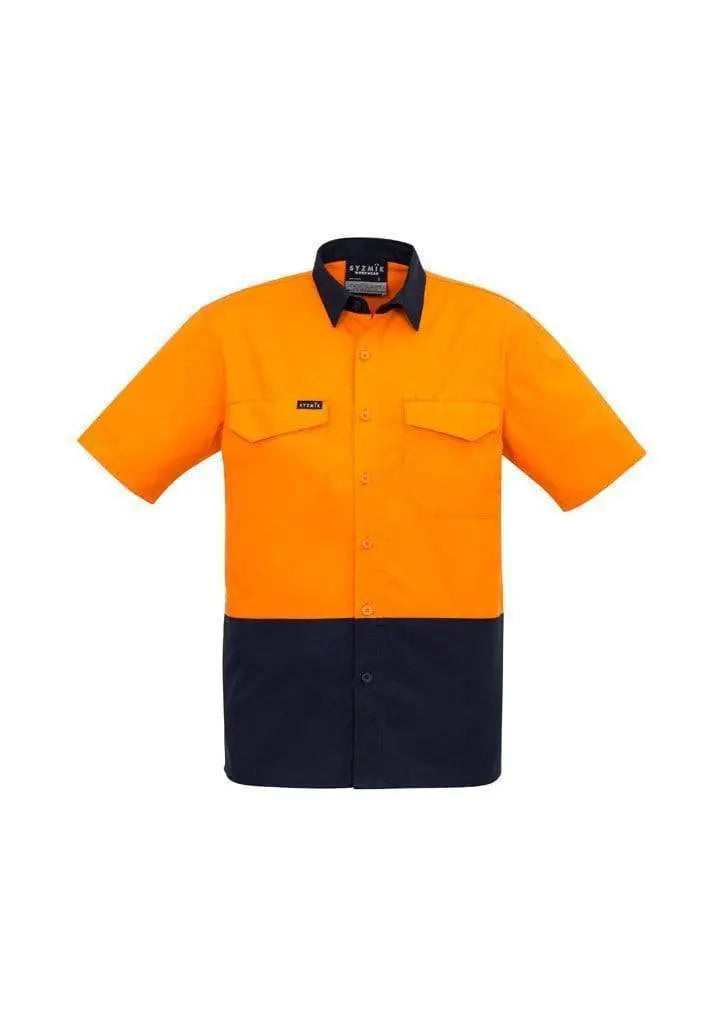 SYZMIK Men’s Rugged Cooling Hi-Vis Spliced S/S Shirt ZW815 Work Wear Syzmik Orange/Navy XXS
